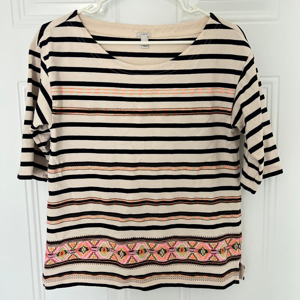 J.CREW Stripe Embroidery Short Sleeve Top